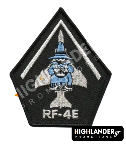 Pentagonal embroidered patch featuring the "Spook" mascot with a camera over the silhouette of an RF-4E Phantom II aircraft, with the text "RF-4E" at the bottom.