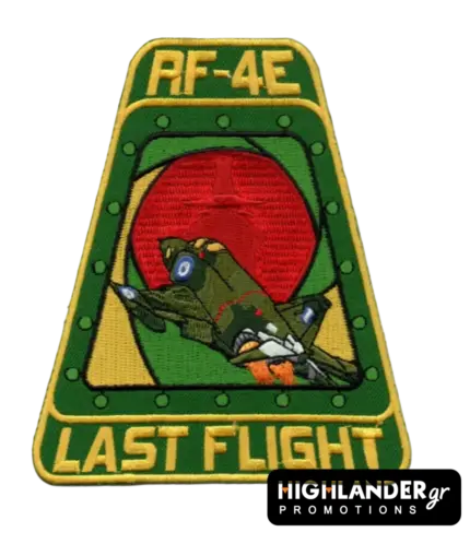 Trapezoid-shaped green and yellow embroidered patch featuring an RF-4E Phantom II jet over a red sun with "LAST FLIGHT" text.