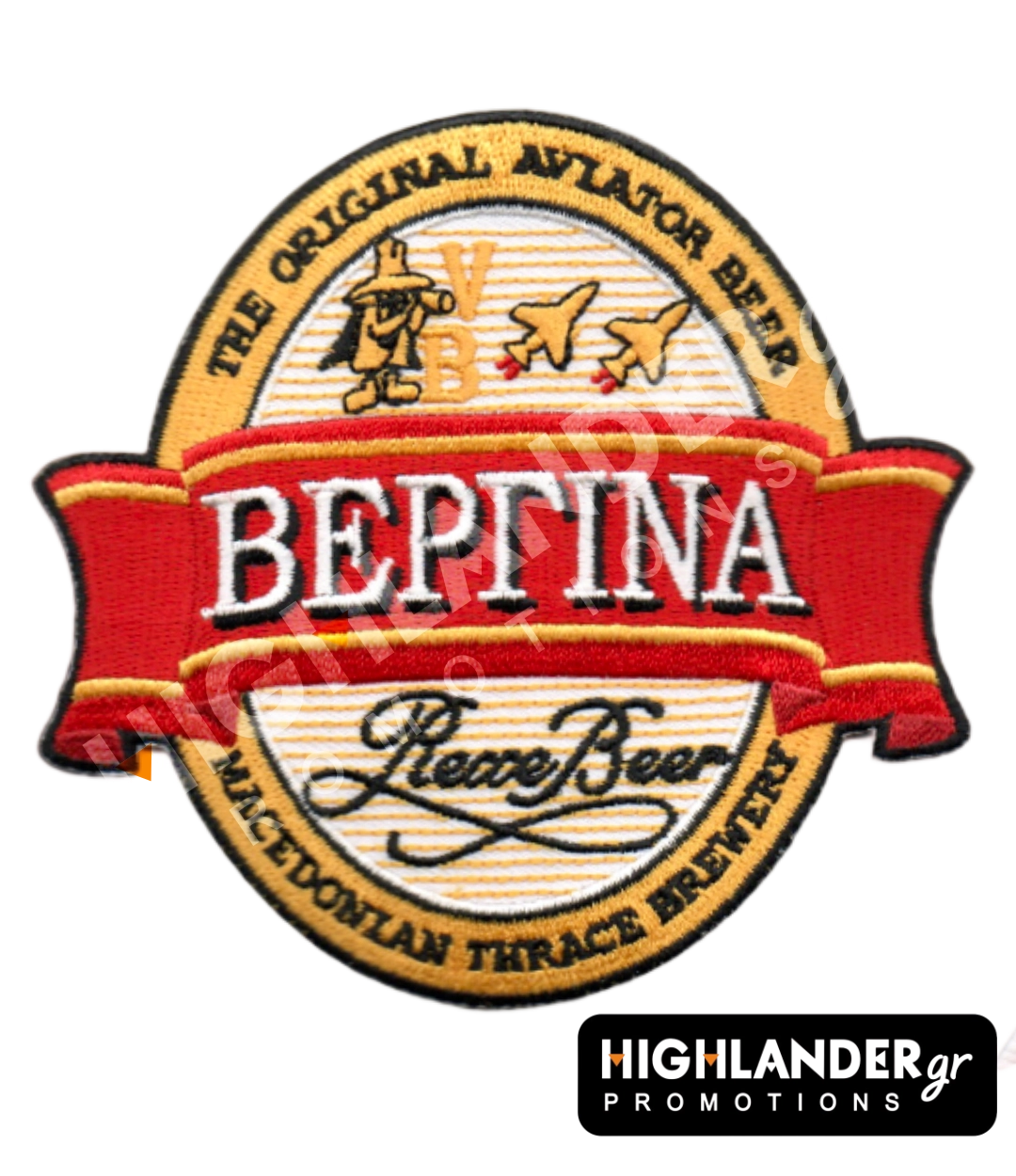 bergina Oval embroidered military morale patch styled like a Vergina beer label, featuring the F-4 Spook mascot, fighter jets, and "THE ORIGINAL AVIATOR BEER" text.