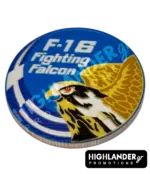 Dual-sided metal challenge coin: one side shows an eagle head with "F-16 Fighting Falcon", the other features a tiger with "F-16 Aegean Tiger" and a paw print.