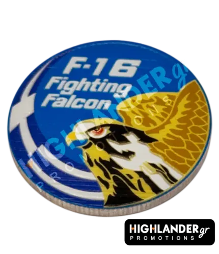 Dual-sided metal challenge coin: one side shows an eagle head with "F-16 Fighting Falcon", the other features a tiger with "F-16 Aegean Tiger" and a paw print.