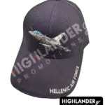 Black baseball cap with an embroidered F-16 fighter jet on the front and "HELLENIC AIR FORCE" text on the side brim.