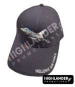Black baseball cap with an embroidered Rafale fighter jet on the front and "HELLENIC AIR FORCE" text on the side brim.