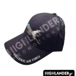 Black baseball cap with an embroidered Rafale fighter jet on the front and "HELLENIC AIR FORCE" text on the side brim.