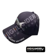 Black baseball cap with an embroidered Rafale fighter jet on the front and "HELLENIC AIR FORCE" text on the side brim.