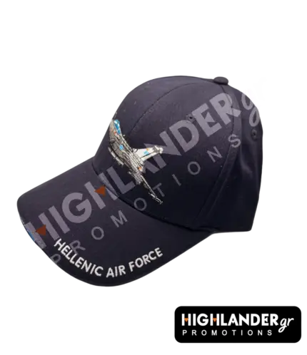 Black baseball cap with an embroidered Rafale fighter jet on the front and "HELLENIC AIR FORCE" text on the side brim.