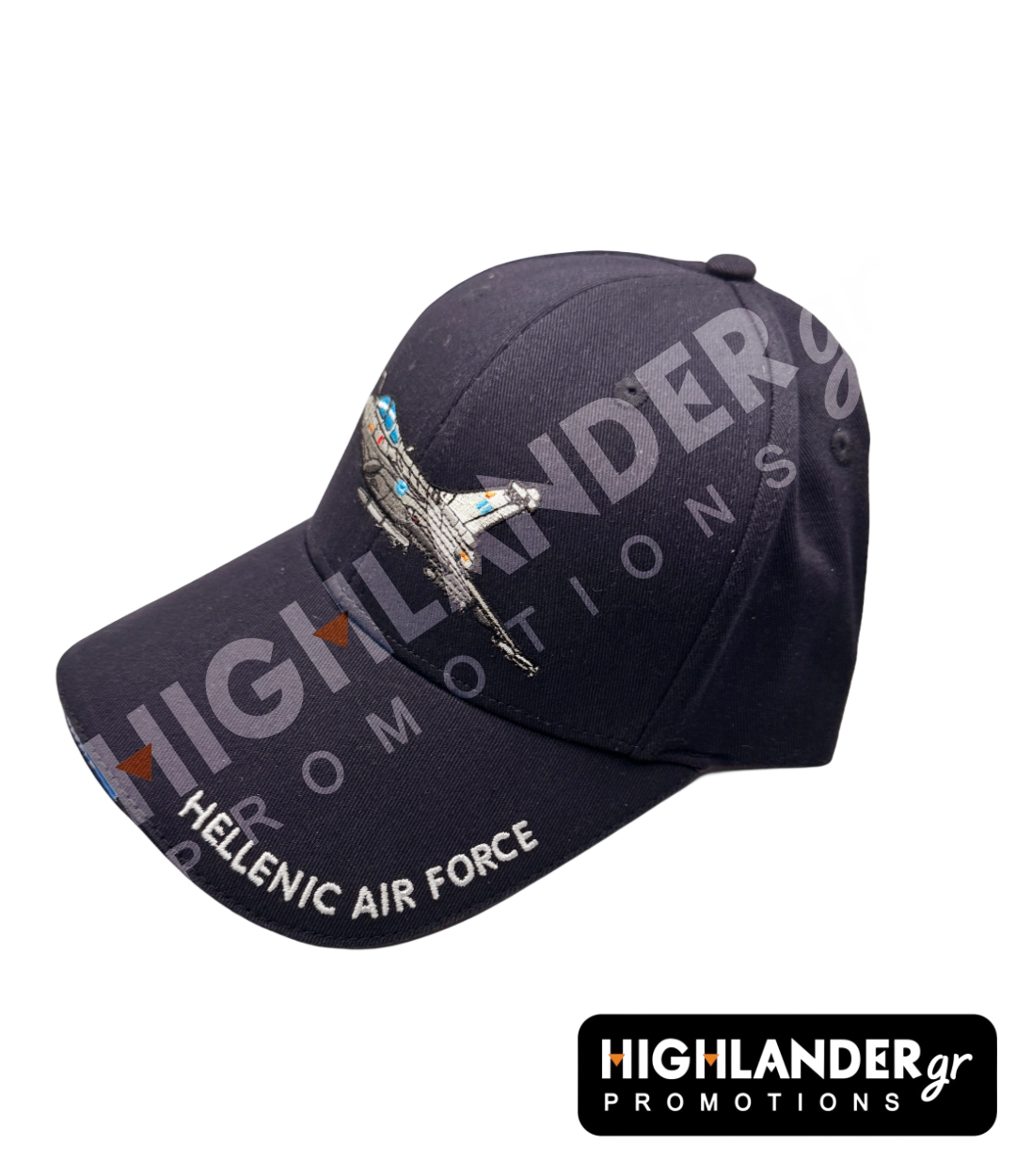f-16-hellenic-air-force-2 Black baseball cap with an embroidered Rafale fighter jet on the front and "HELLENIC AIR FORCE" text on the side brim.