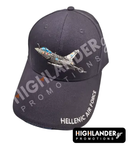 Black baseball cap with an embroidered Rafale fighter jet on the front and "HELLENIC AIR FORCE" text on the side brim.
