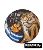 Dual-sided metal challenge coin: one side shows an eagle head with "F-16 Fighting Falcon", the other features a tiger with "F-16 Aegean Tiger" and a paw print.