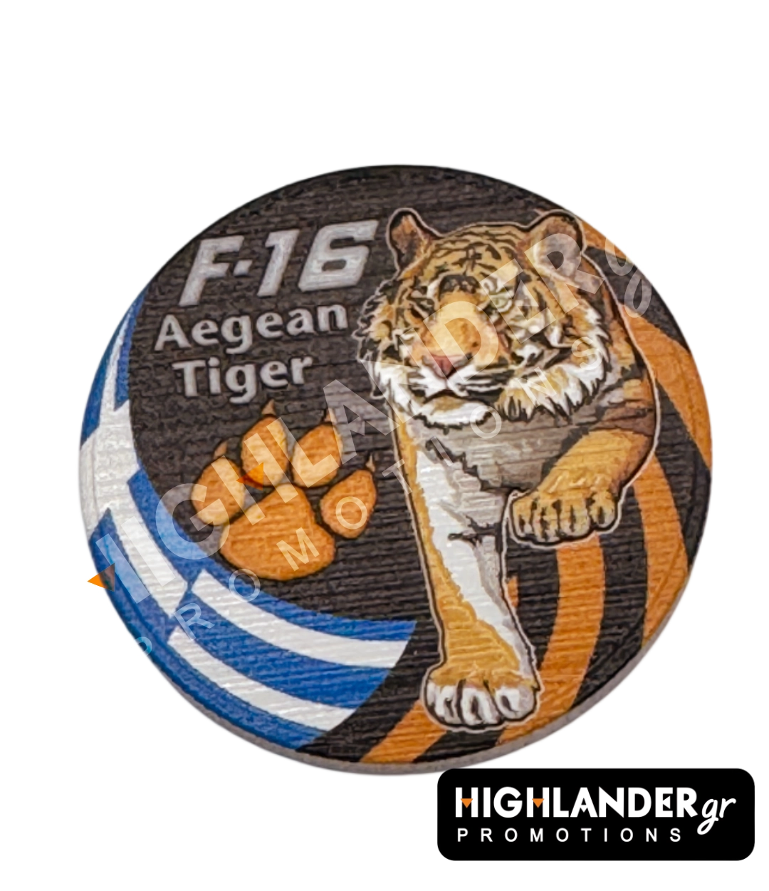 f-16-tiger-coin Dual-sided metal challenge coin: one side shows an eagle head with "F-16 Fighting Falcon", the other features a tiger with "F-16 Aegean Tiger" and a paw print.