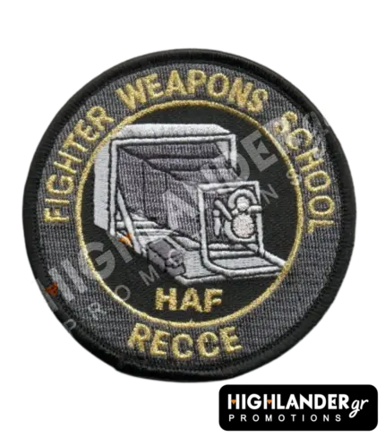 Round embroidered morale patch for the Hellenic Air Force Fighter Weapons School reconnaissance division, featuring an aerial camera and the text "FIGHTER WEAPONS SCHOOL HAF RECCE".