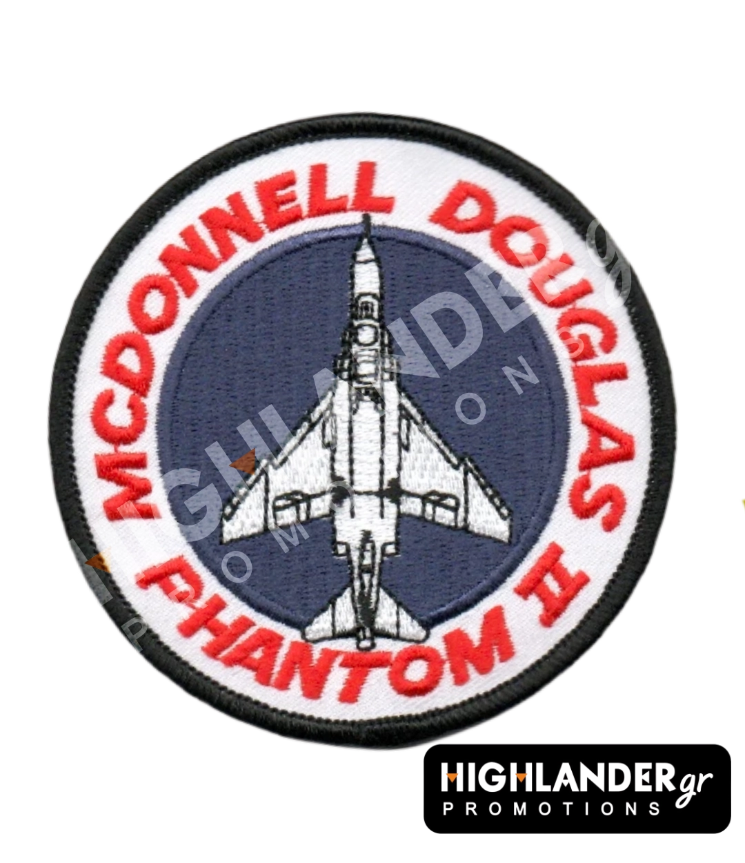 mcdonnel-phantom-ii Round embroidered patch featuring the silhouette of the McDonnell Douglas Phantom II aircraft on a dark blue background, with red text.