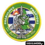 Round embroidered farewell patch featuring the Spook mascot, a camera, an RF-4E silhouette, and the Greek flag background.