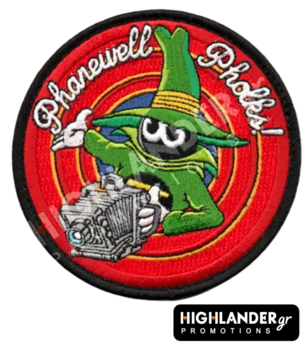 Round embroidered military morale patch featuring the F-4 Phantom Spook mascot holding a vintage camera with "Pharewell Pholks!" text.